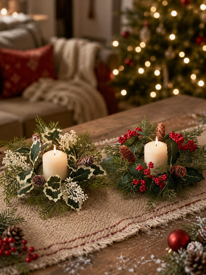 Christmas candle ring wreath pair on a linen runner