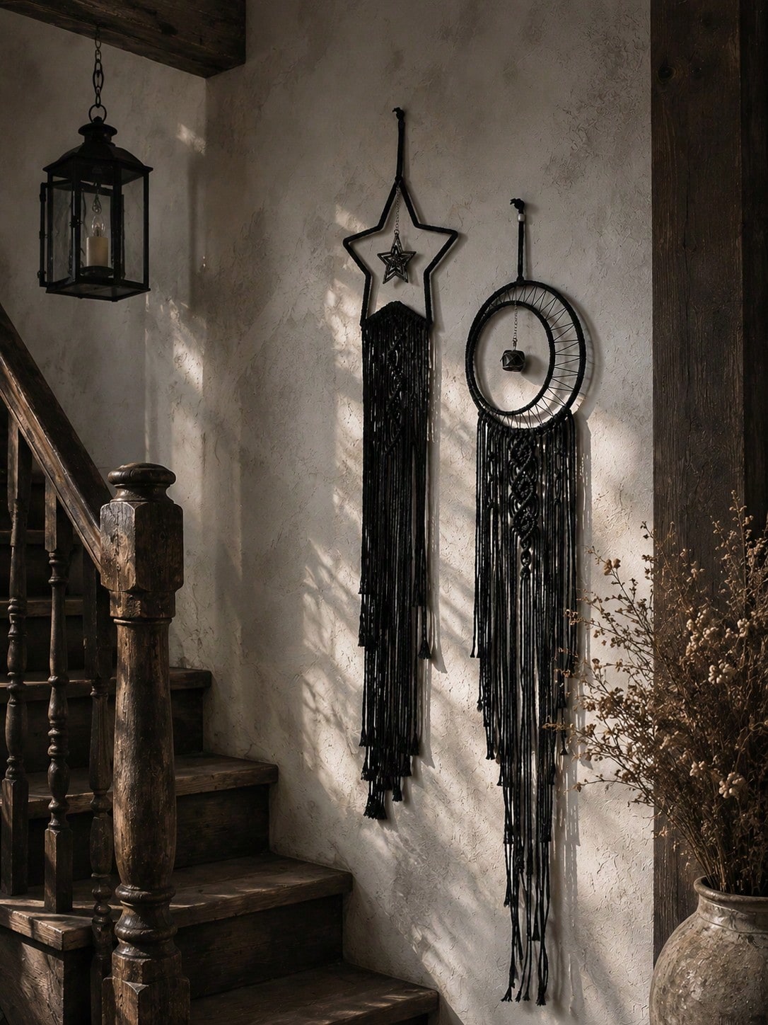 Black macrame moon dream catcher pair by stairs with lantern