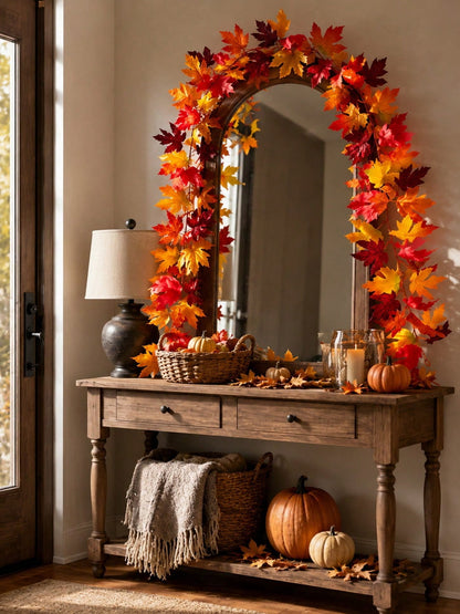 Fall maple leaf garland arched over an entry console