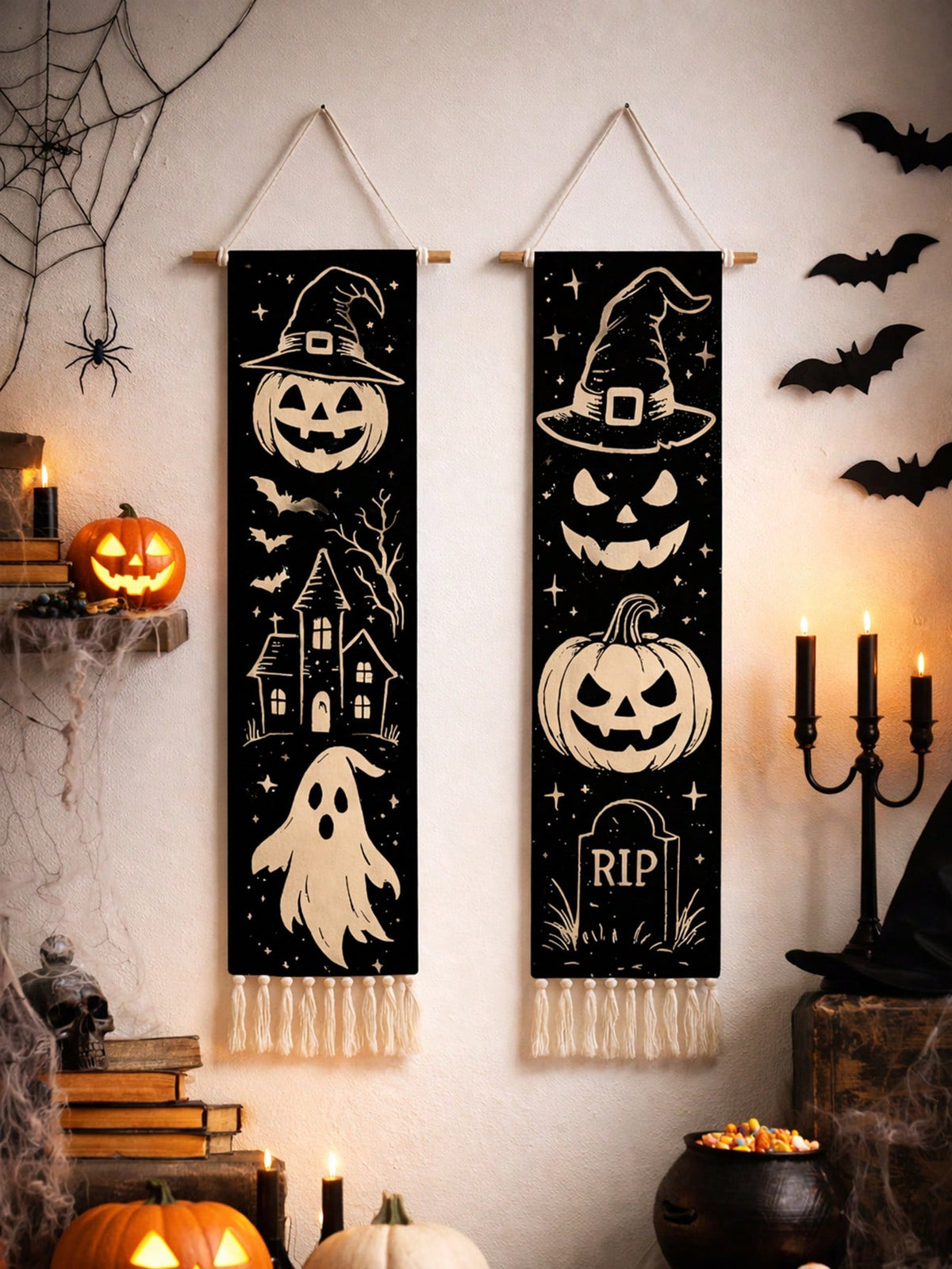 Vintage Halloween tassel wall hanging pair with jack-o-lanterns