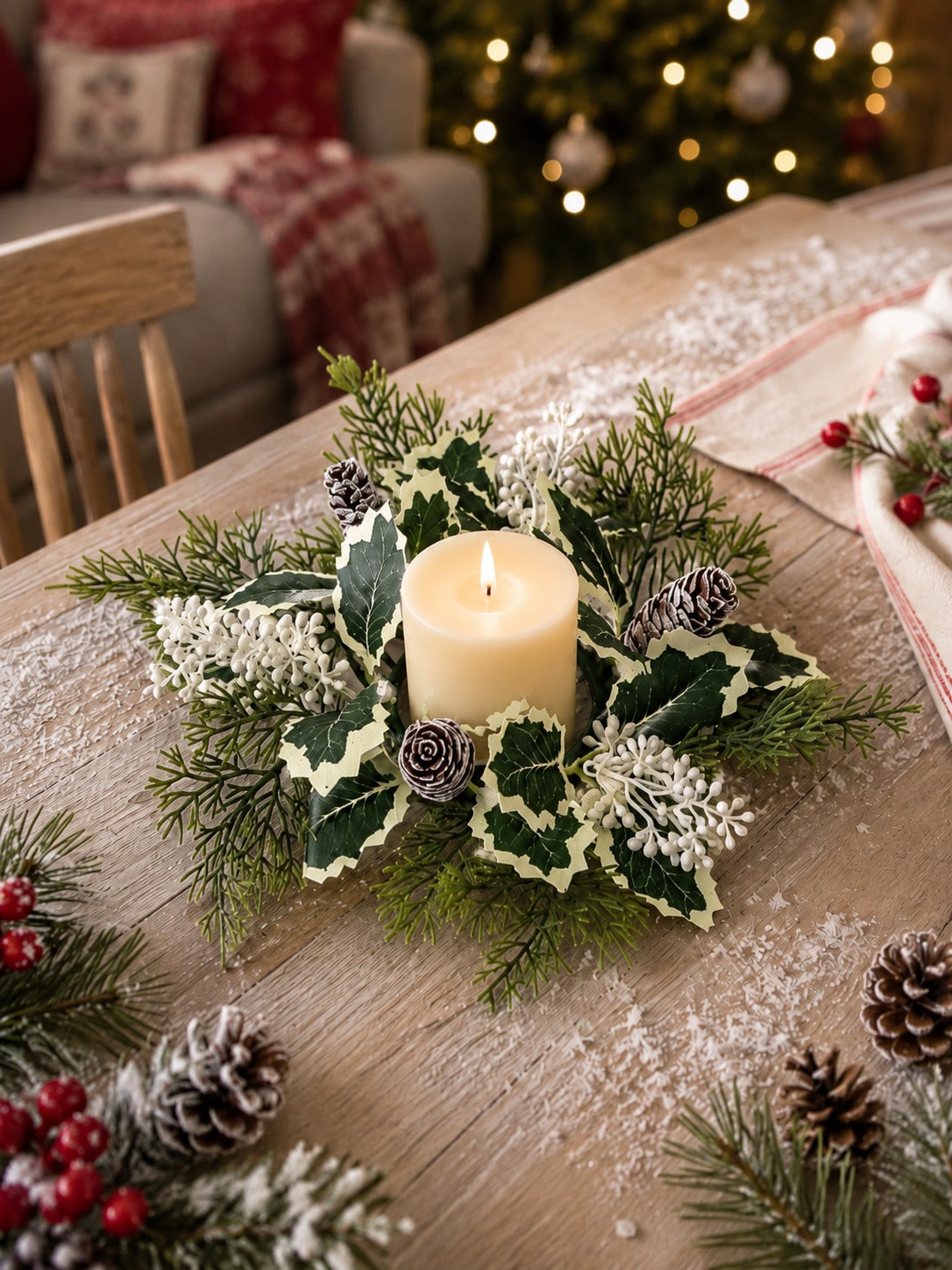 Christmas candle ring wreath variegated holly ring on a table