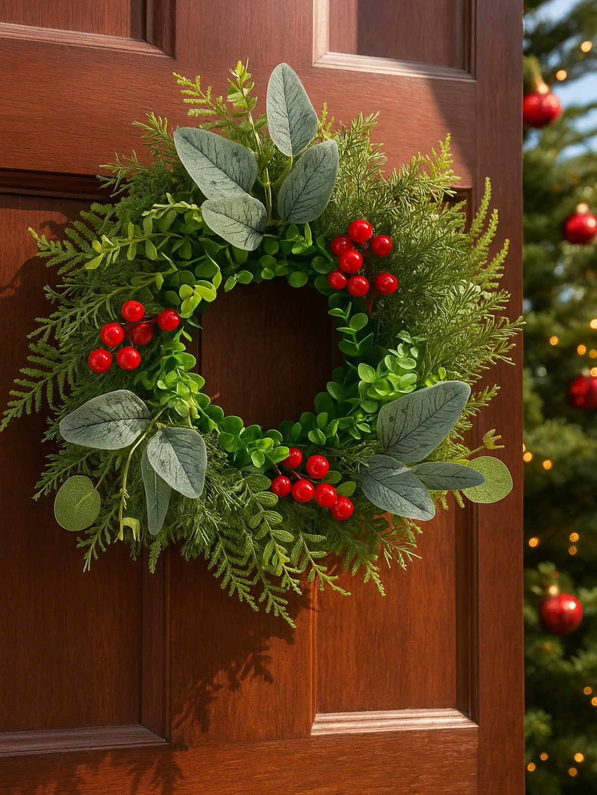 Eucalyptus and red berry Christmas wreath on a wooden door in sunlight