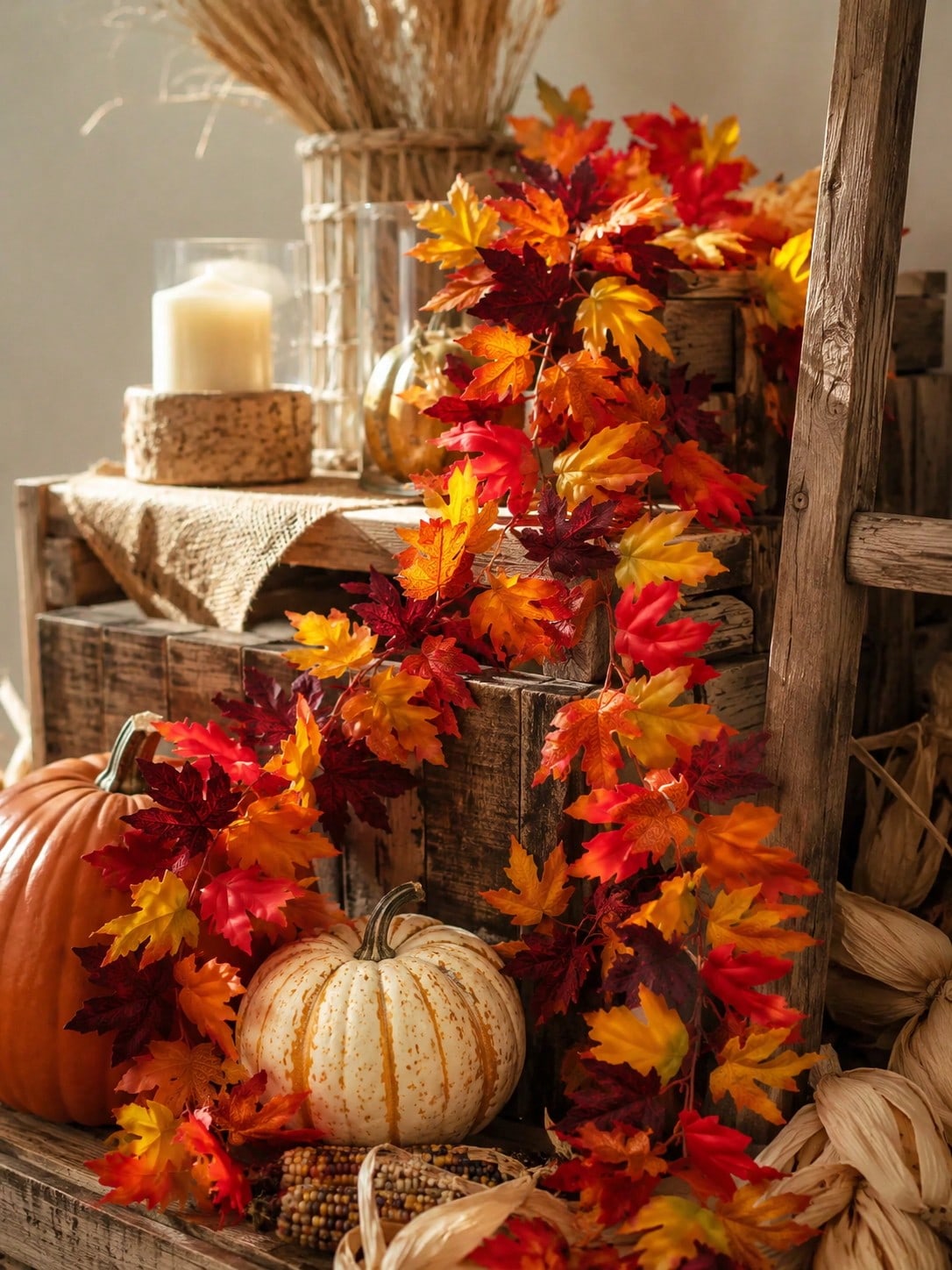 Fall maple leaf garland draped with pumpkins in a basket