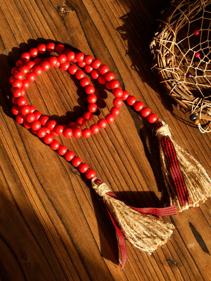 wood bead garland with tassels - Red photo 8