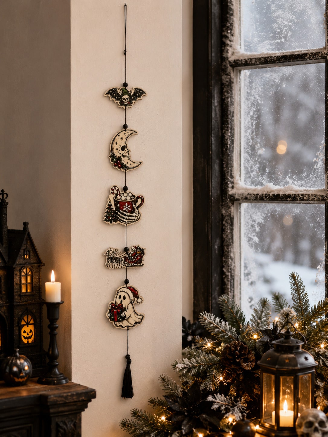 Creepy Christmas skeleton hanging decor by a frosty window
