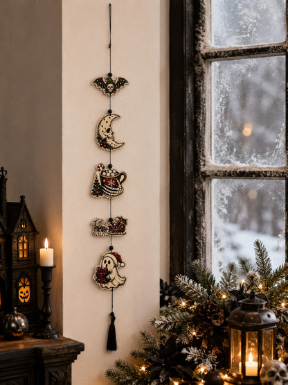 Creepy Christmas skeleton hanging decor by a frosty window