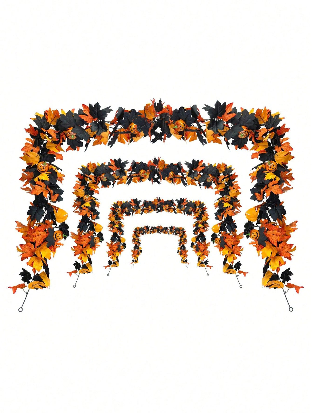 Halloween maple leaf garland shown in graduated arch shapes