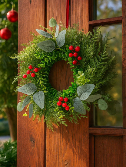 Eucalyptus and red berry Christmas wreath on a wooden door beside berry garland