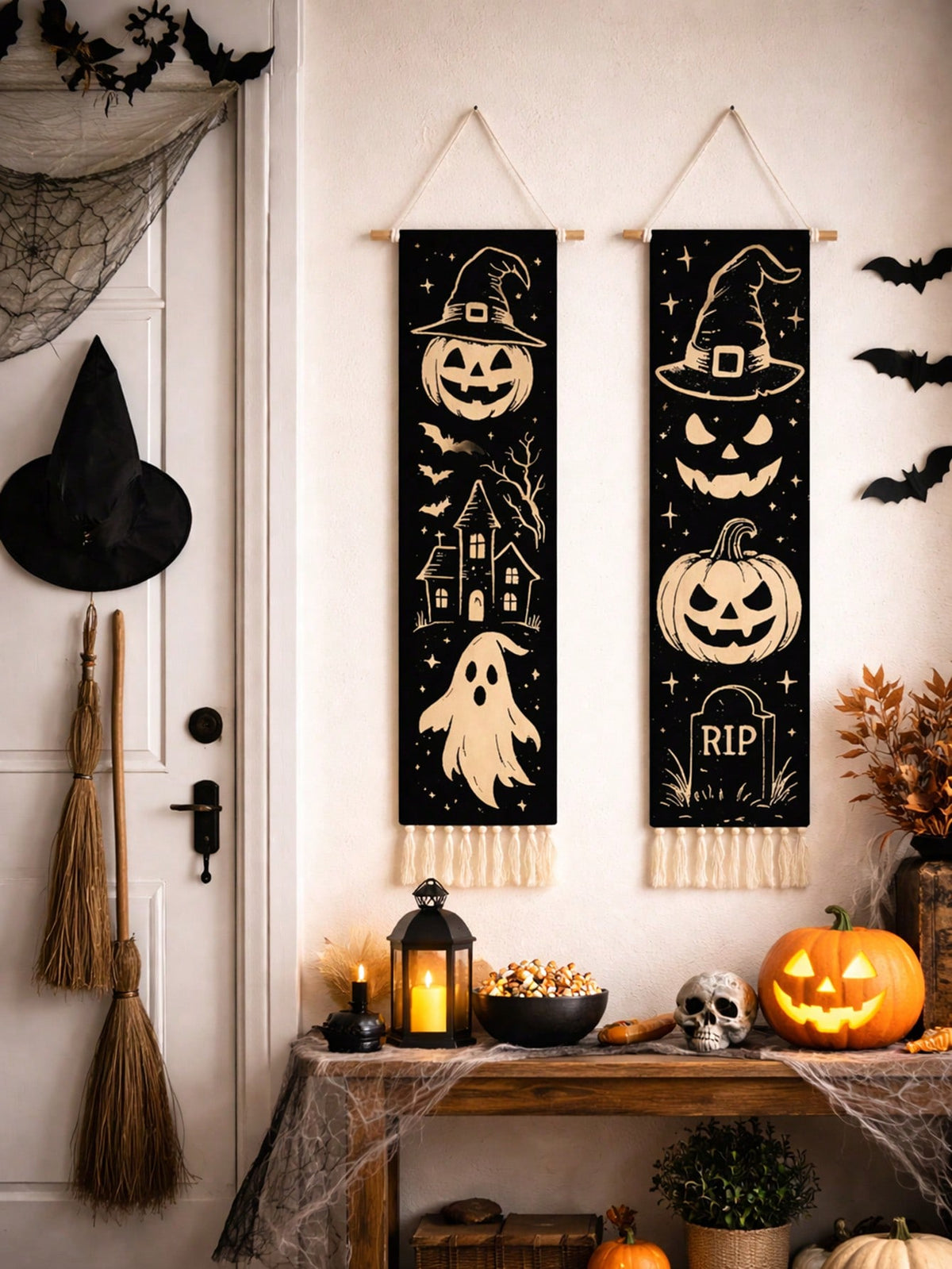 Vintage Halloween tassel wall hanging pair by a door with witch hat