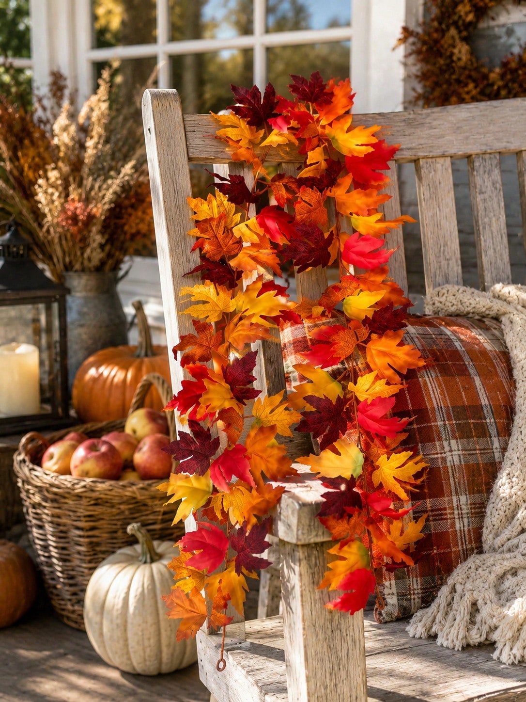 Fall maple leaf garland on a porch rocking chair