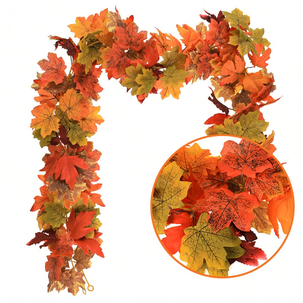 Artificial maple leaf garland shaped as an arch with leaf close-up