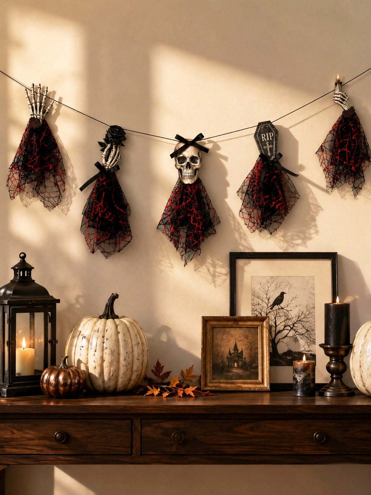 Gothic skeleton Halloween banner on a wall above a table with pumpkins