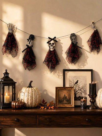 Gothic skeleton Halloween banner on a wall above a table with pumpkins