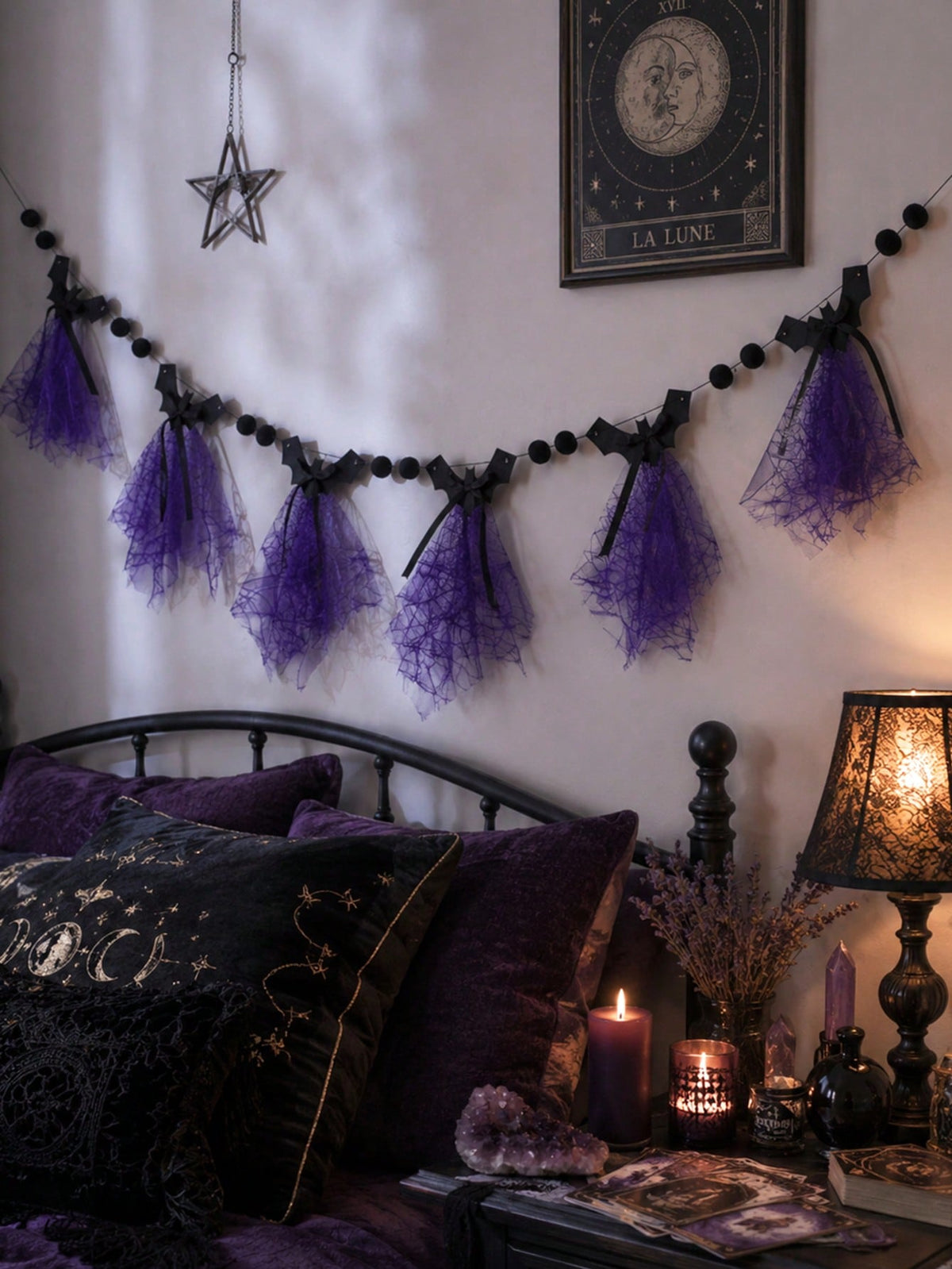 Purple bat Halloween banner on a dark bedroom wall