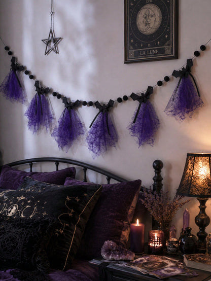 Purple bat Halloween banner on a dark bedroom wall