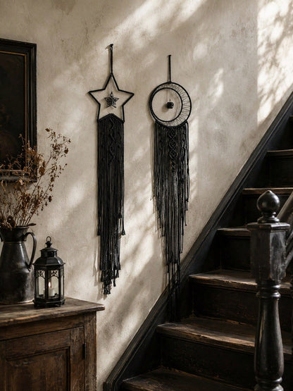 Black macrame moon dream catcher pair along a staircase