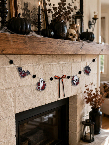 Gothic skull Halloween garland with roses on a stone fireplace mantel