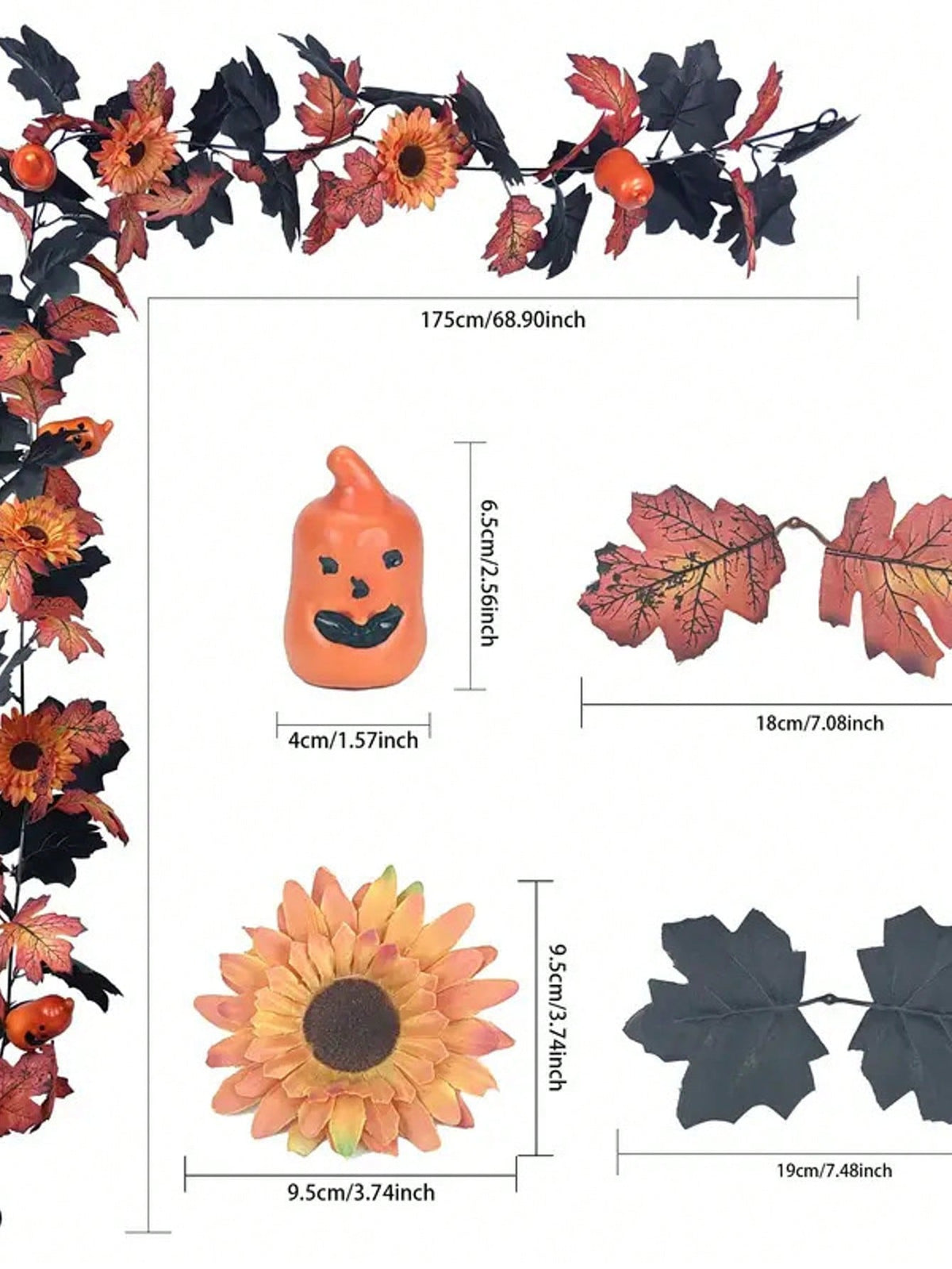 Halloween maple leaf garland sunflower style leaf and pumpkin details