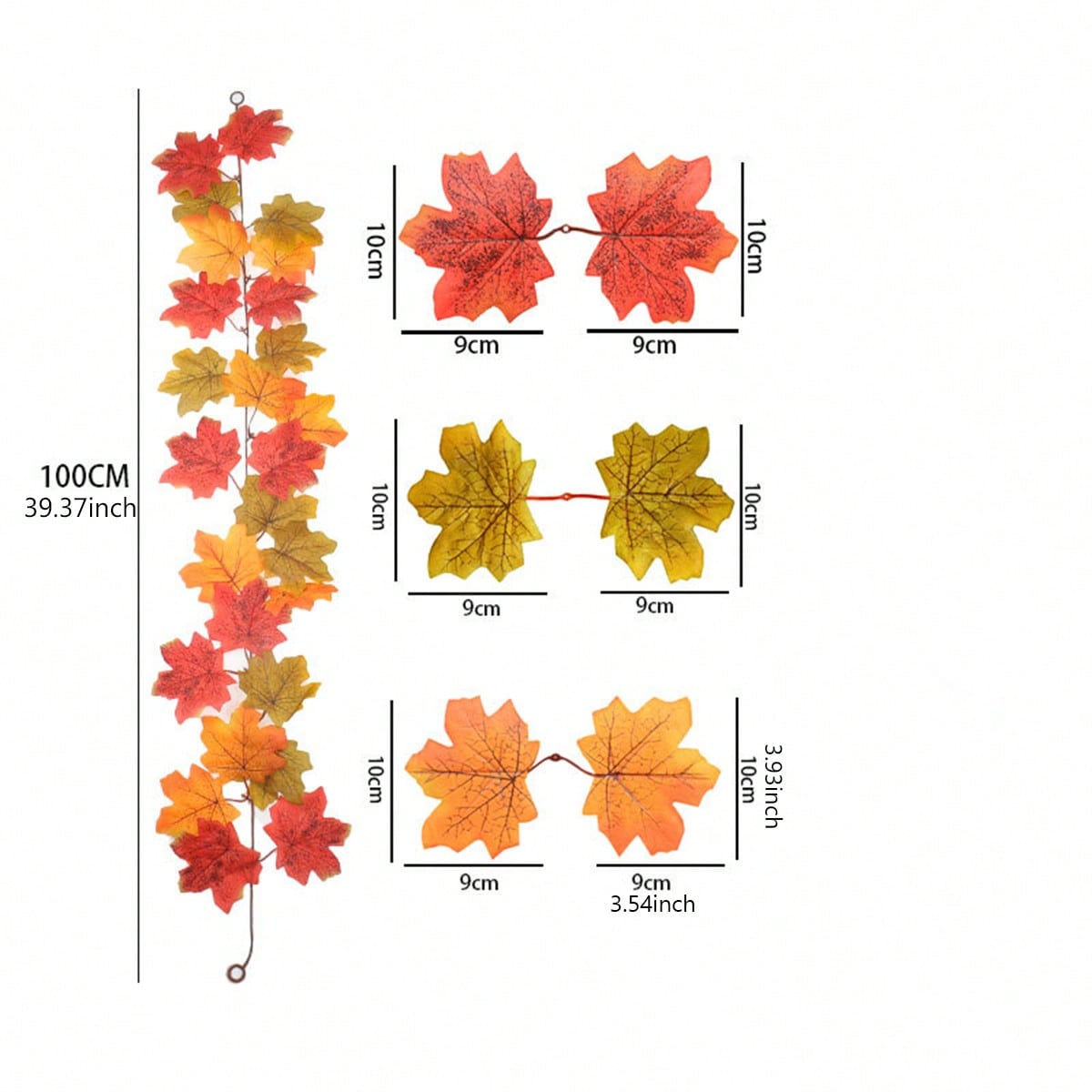 Artificial maple leaf garland 100 cm size chart with leaf sizes