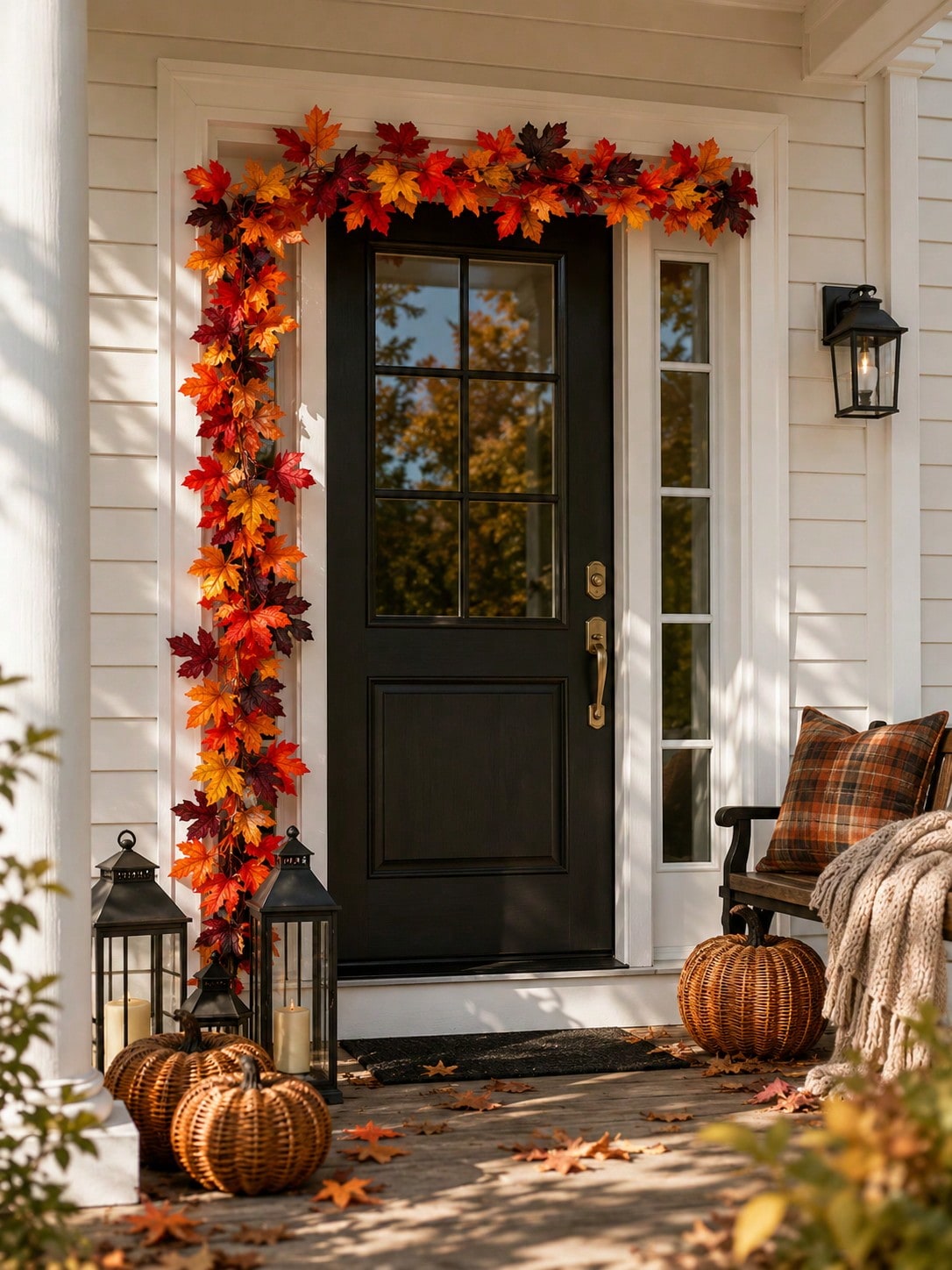 Fall maple leaf garland framing a black front door