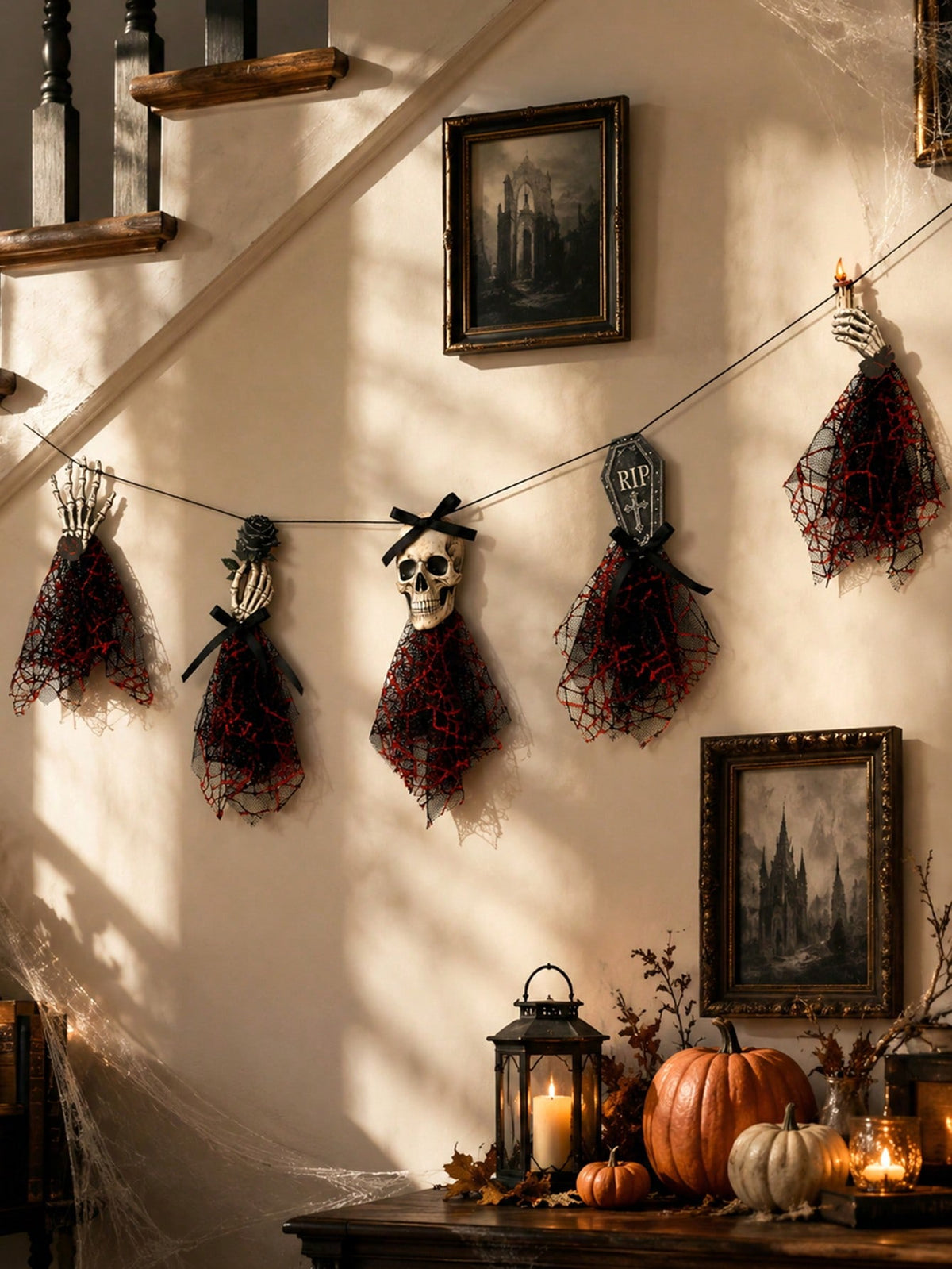 Gothic skeleton Halloween banner on a stairwell wall