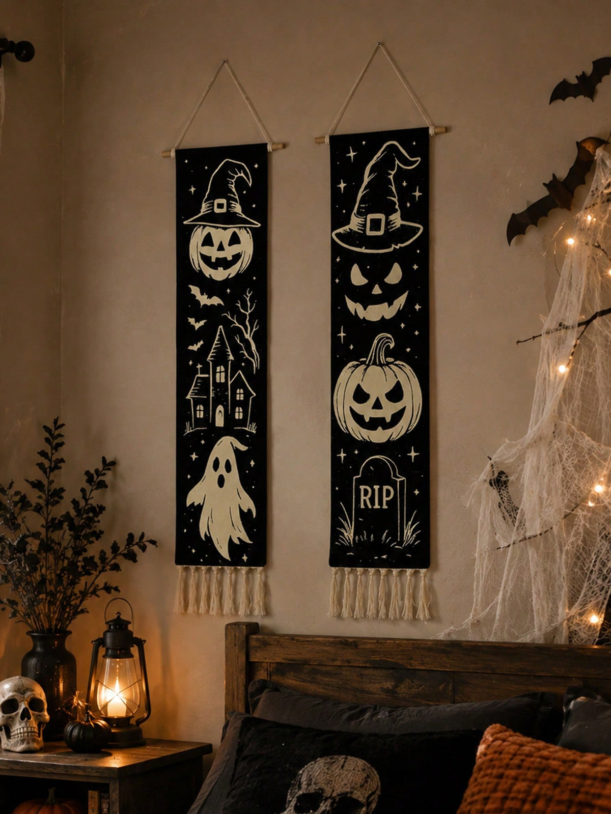 Vintage Halloween tassel wall hanging pair with string lights