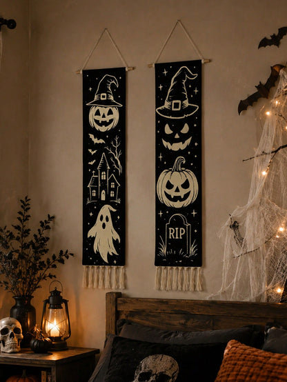 Vintage Halloween tassel wall hanging pair with string lights