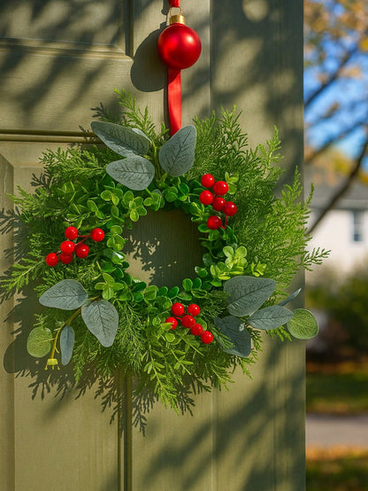 Eucalyptus and red berry Christmas wreath hung with red bow on a green door
