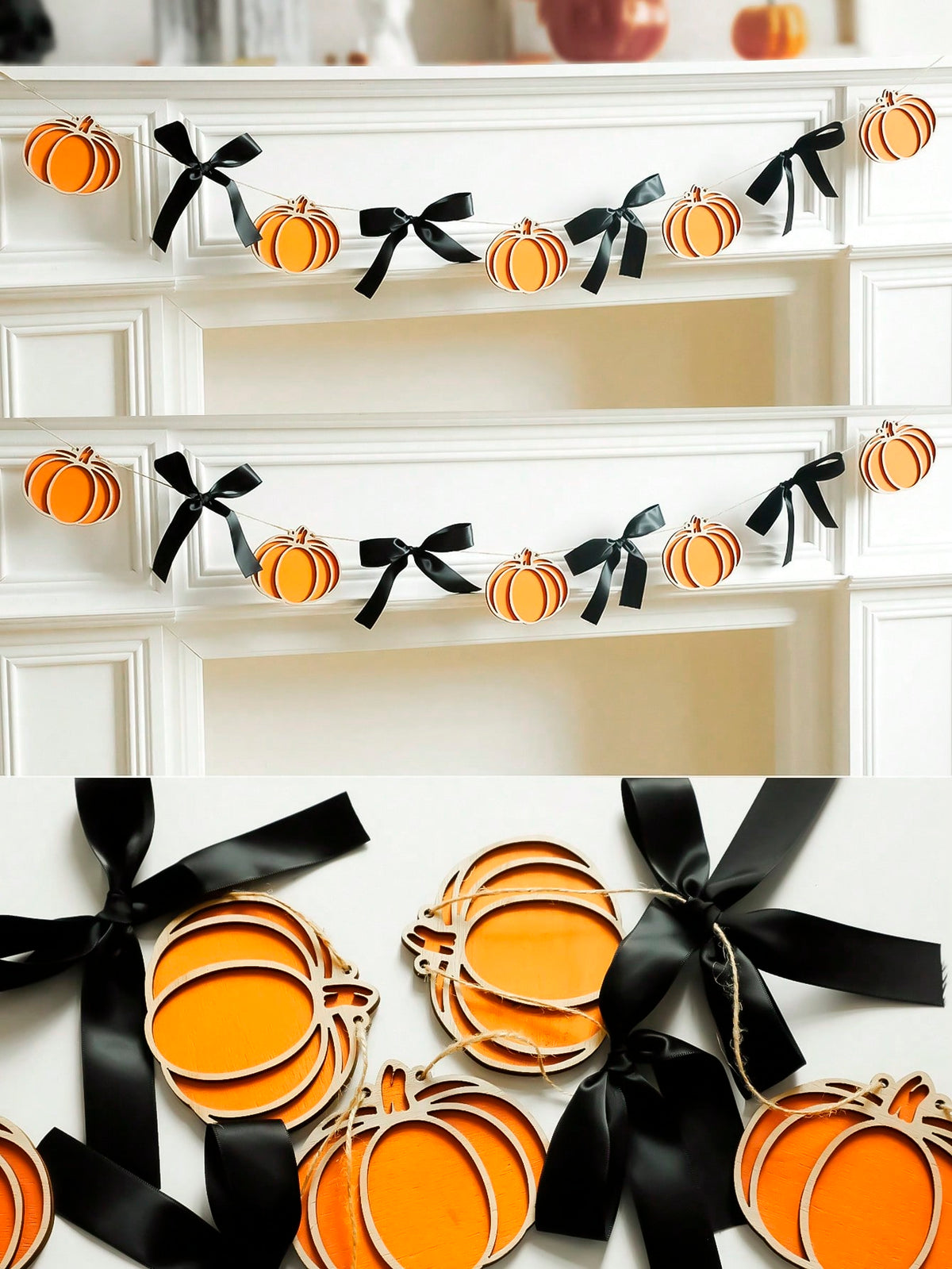 Pumpkin garland with black bows on white shelves with bow close-up