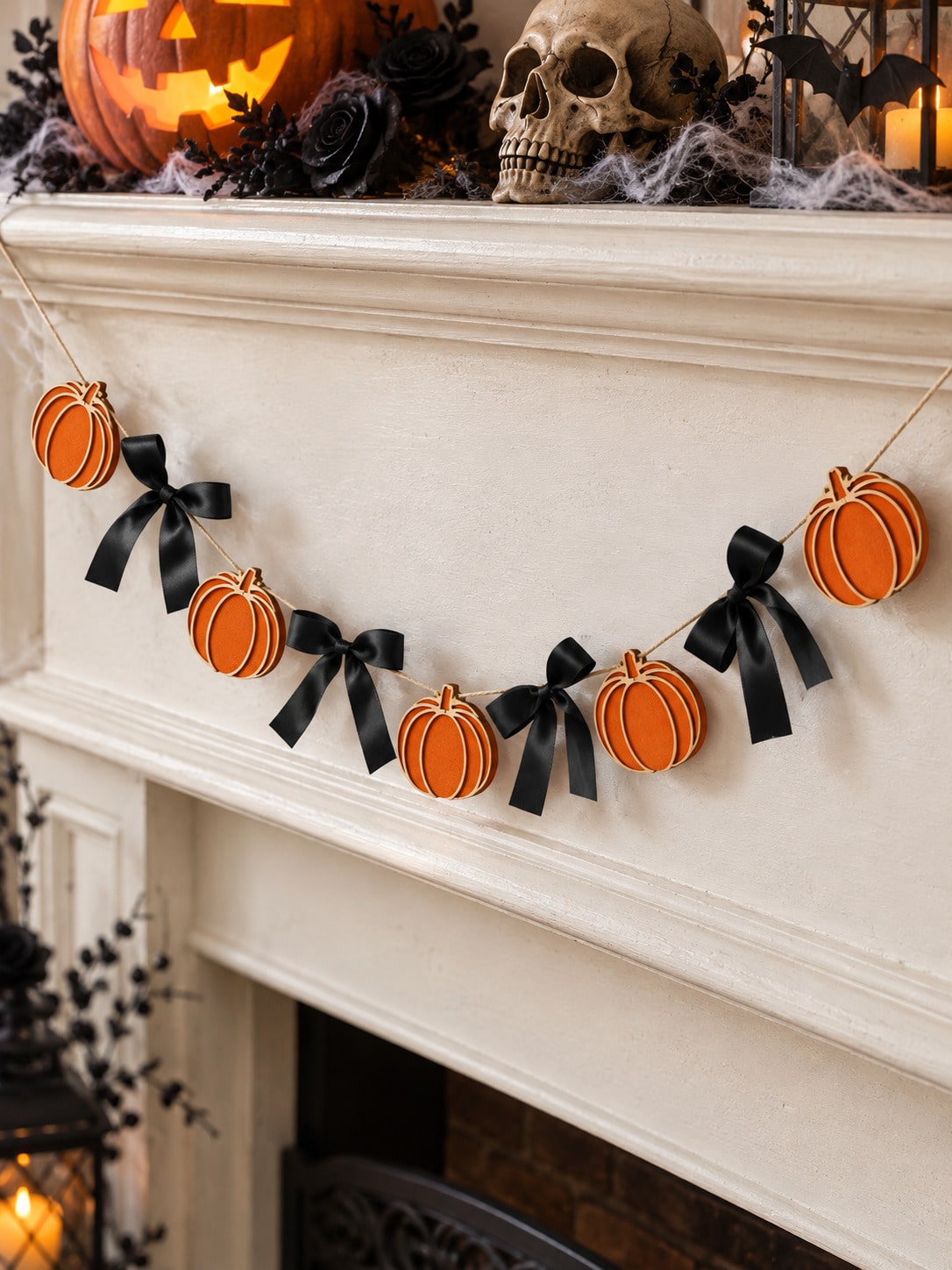 Pumpkin garland with black bows across a mantel, detail