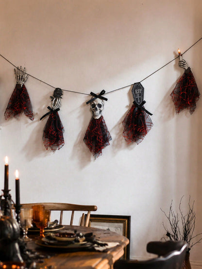 Gothic skeleton Halloween banner on a dining room wall