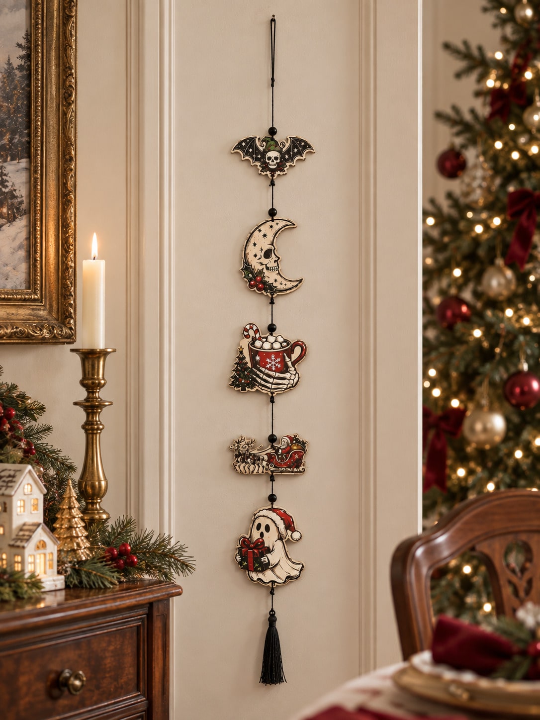 Creepy Christmas skeleton hanging decor beside a Christmas tree