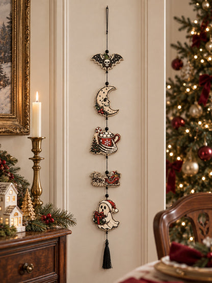 Creepy Christmas skeleton hanging decor beside a Christmas tree