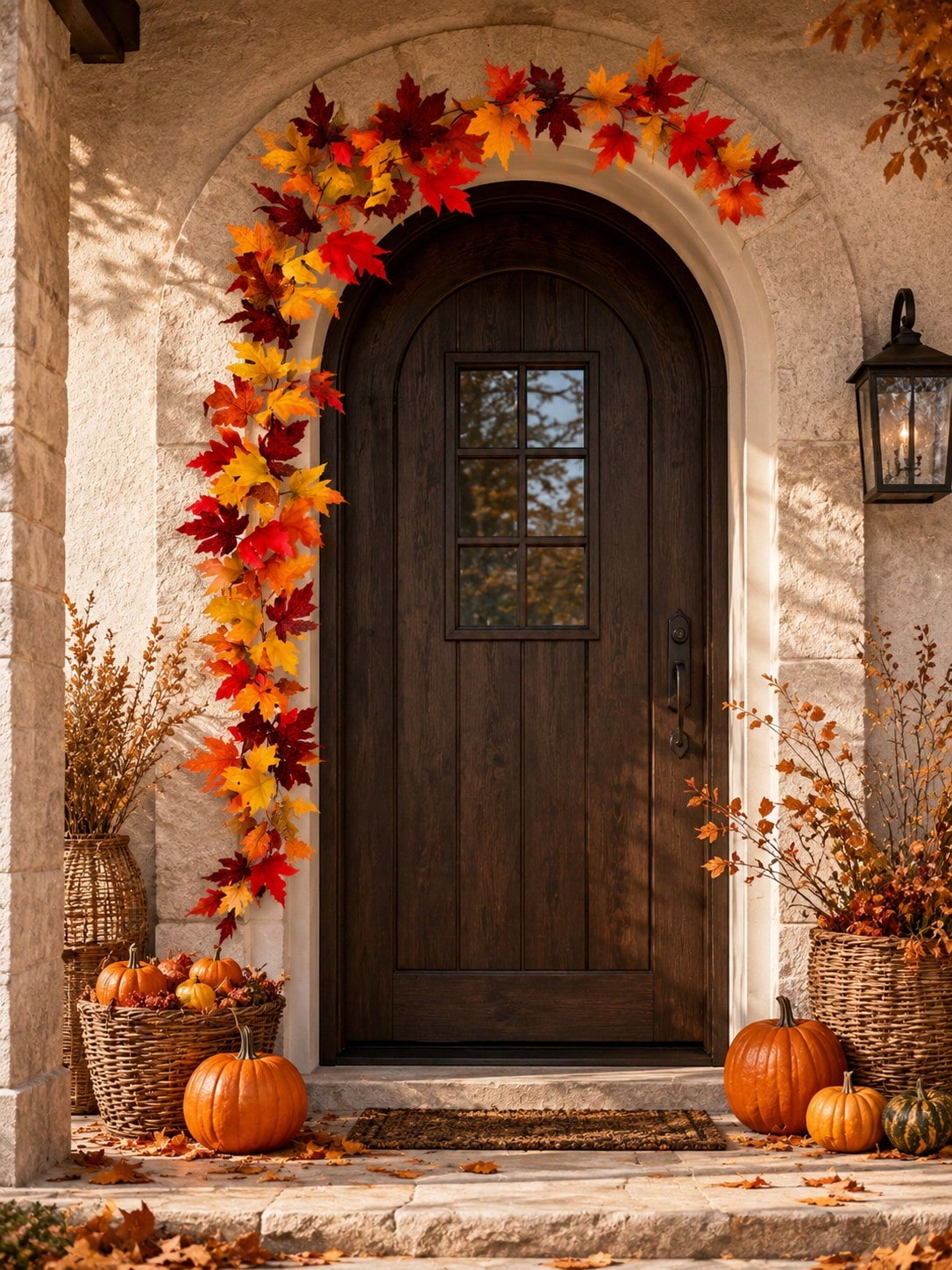 Fall maple leaf garland around an arched doorway