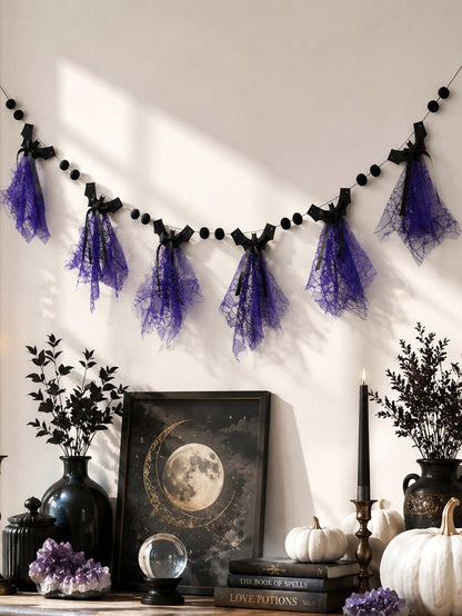 Purple bat Halloween banner on a wall above a shelf with moon art