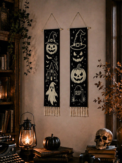 Vintage Halloween tassel wall hanging pair in a dark library corner