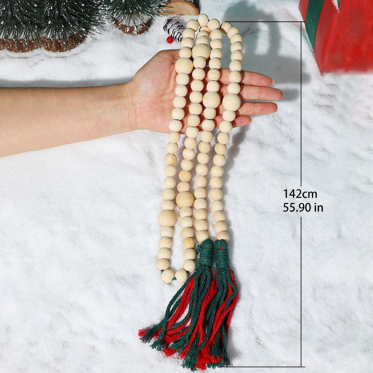 wood bead garland with tassels - Natural with Red & Green Tassels