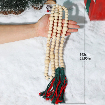 wood bead garland with tassels - Natural with Red & Green Tassels