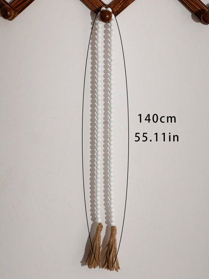 wood bead garland with tassels - White