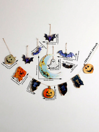 ghost pumpkin moon Halloween banner - Garland with Moon Set option
