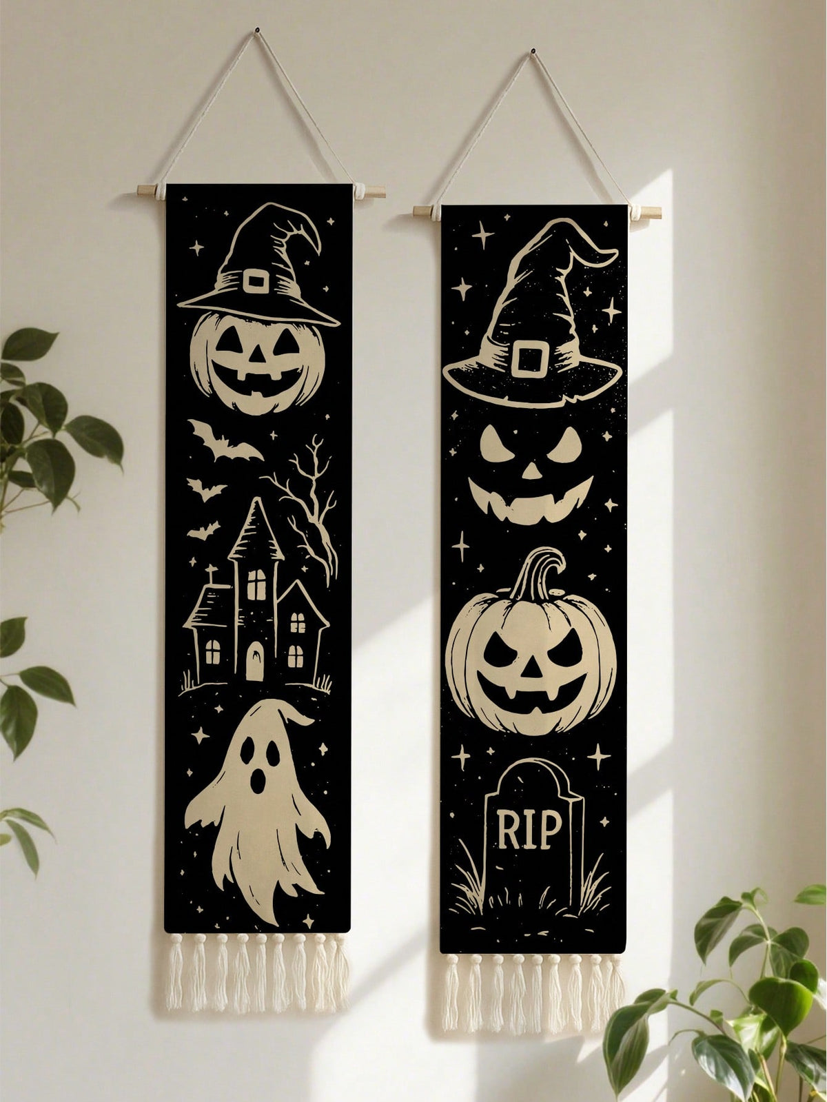 Vintage Halloween tassel wall hanging set of 2 with both designs