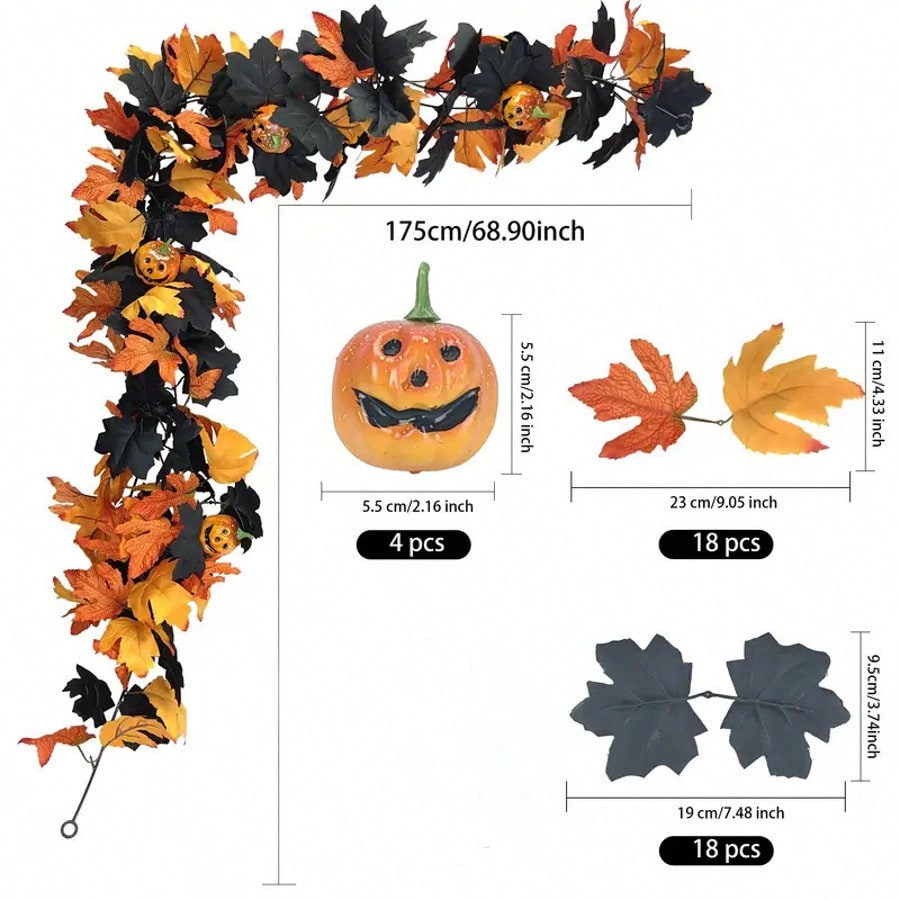 Halloween maple leaf garland orange and black pumpkin style with size
