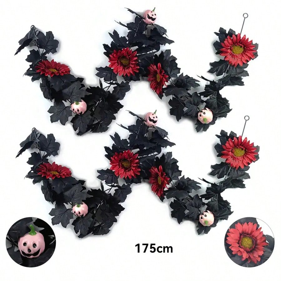 Halloween maple leaf garland black leaves and red flowers style