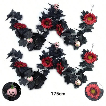 Halloween maple leaf garland black leaves and red flowers style