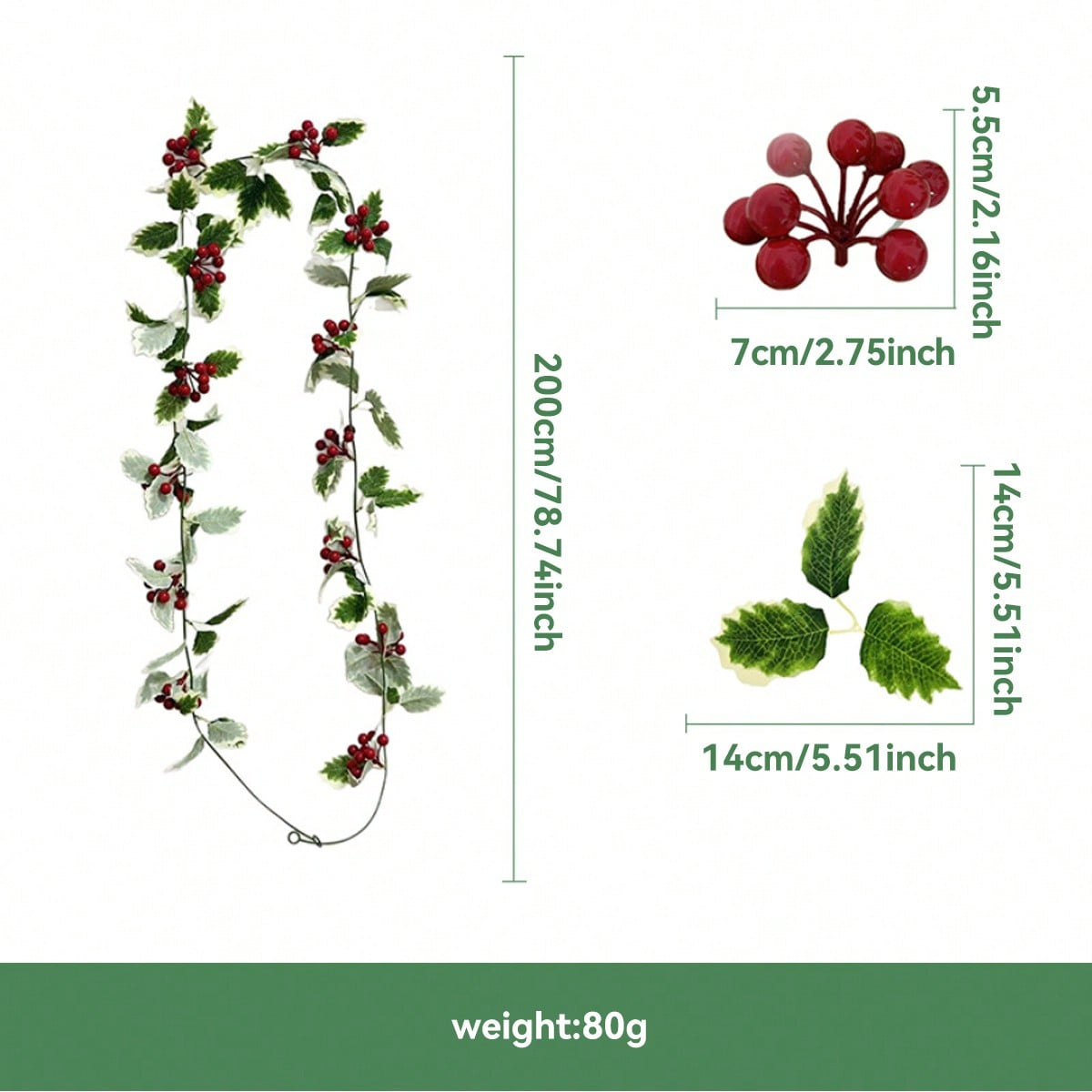 holly berry Christmas garland - Red Berry & Variegated Holly option