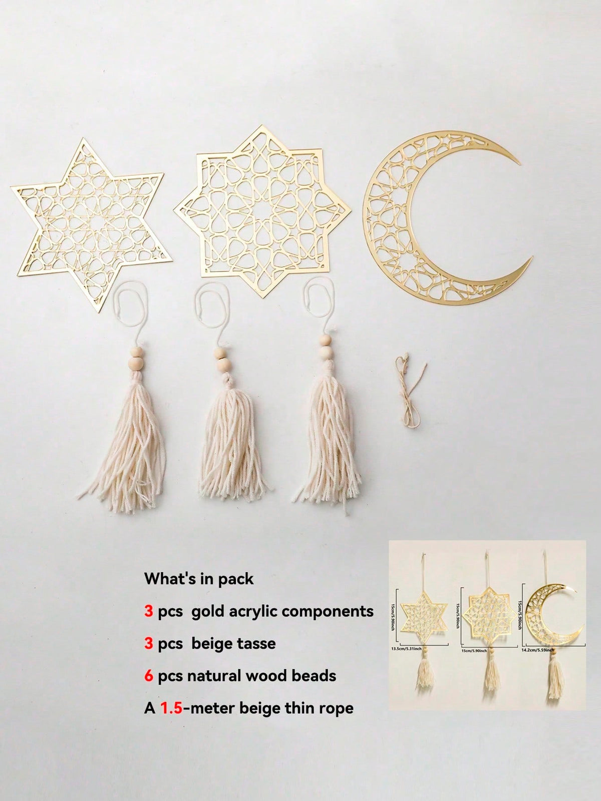 crescent moon and geometric star tassel hanging - Gold / Set of 3