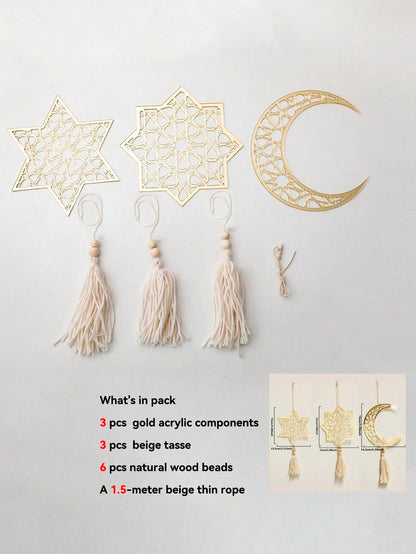 crescent moon and geometric star tassel hanging - Gold / Set of 3