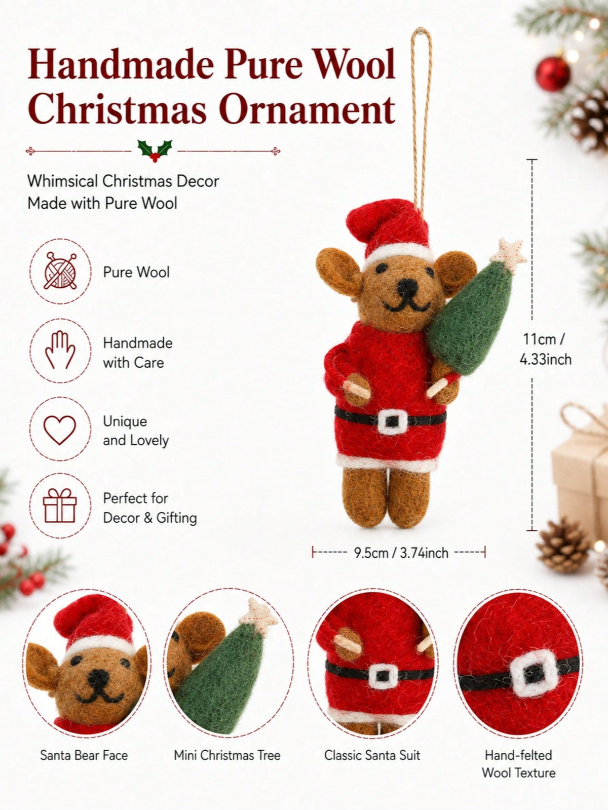 felted wool Christmas ornament - Bear with Green Sack option