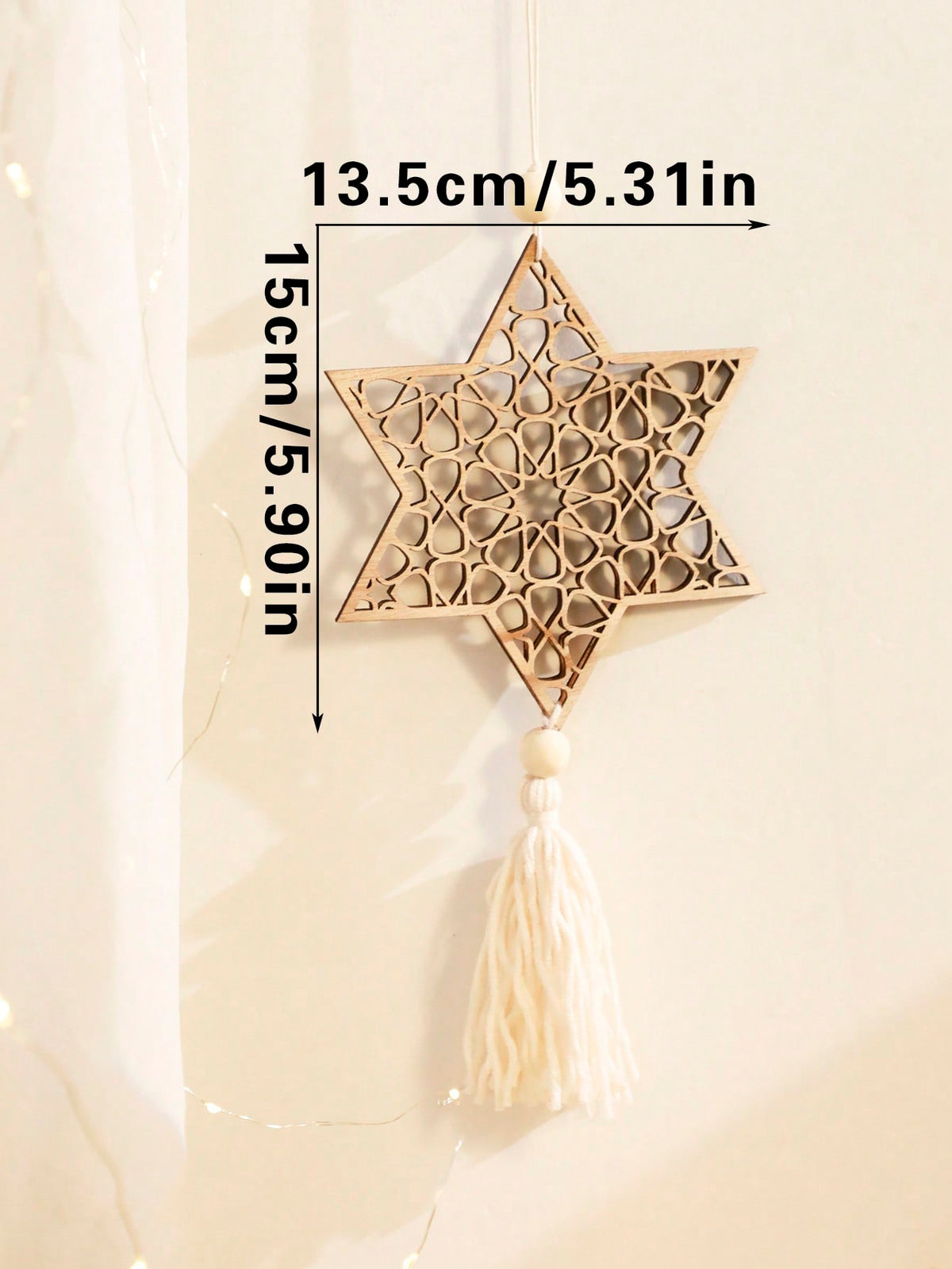 crescent moon and geometric star tassel hanging - Natural / Six-Point Star