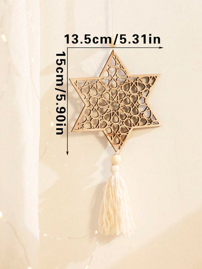 crescent moon and geometric star tassel hanging - Natural / Six-Point Star